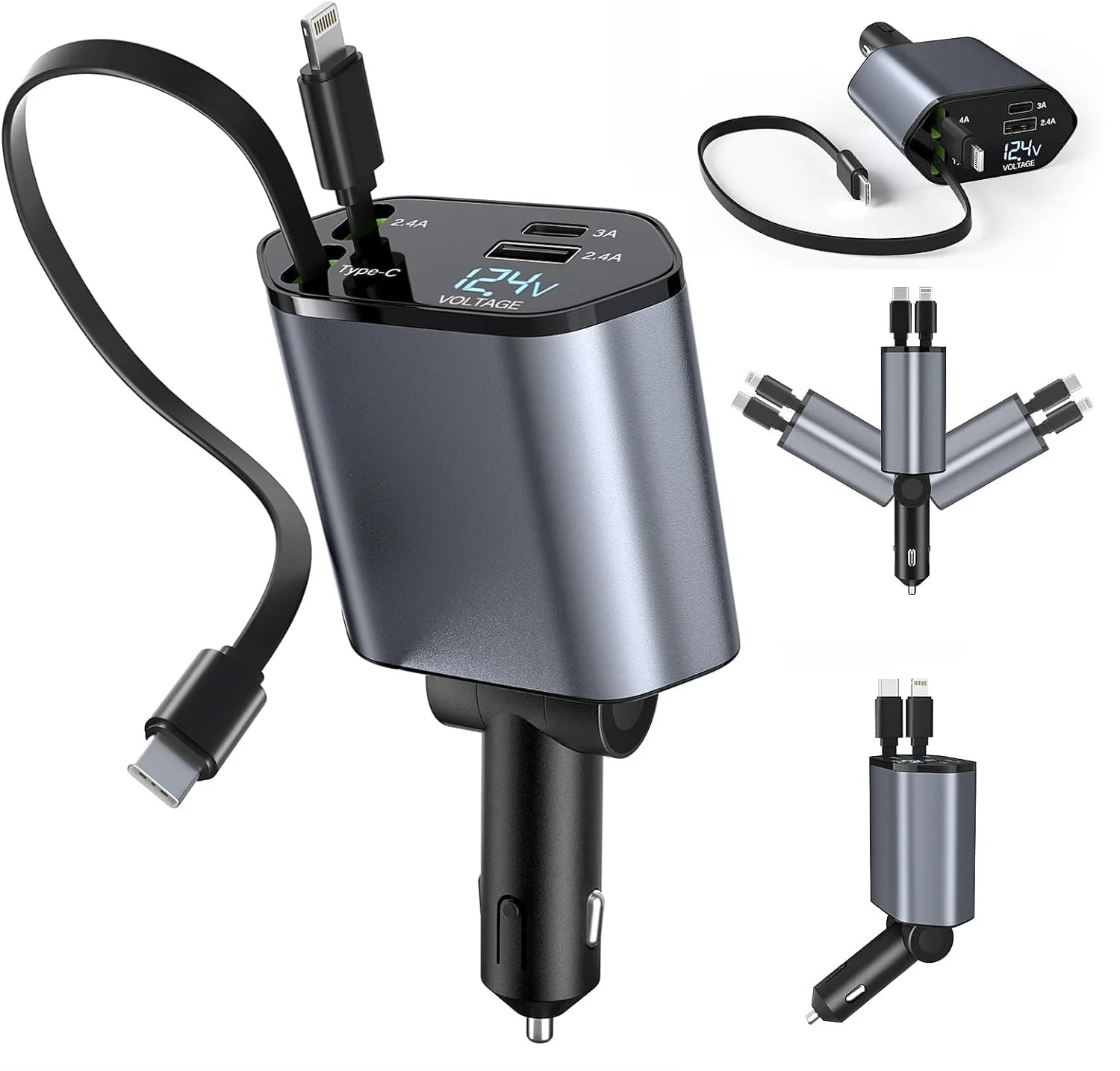 Gray multi-port car charger with USB-C and USB-A connections, 54W power output.