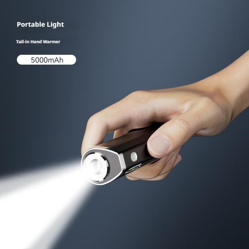Portable black flashlight with 5000mAh power bank and hand warmer feature