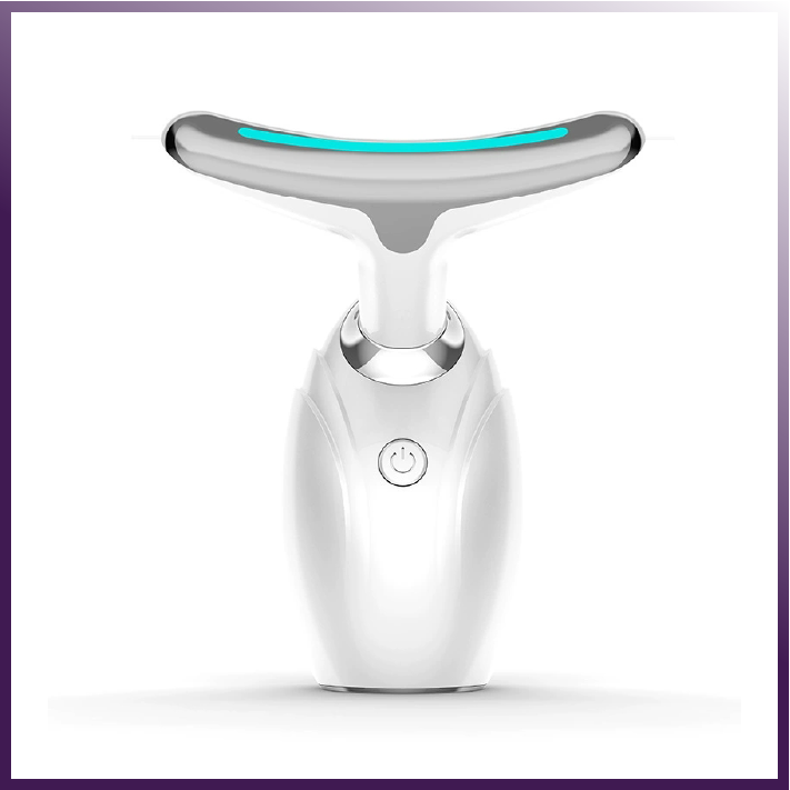 Chrome alloy LED face and neck lifting device with blue light therapy by eterus for anti-aging and double chin reduction.