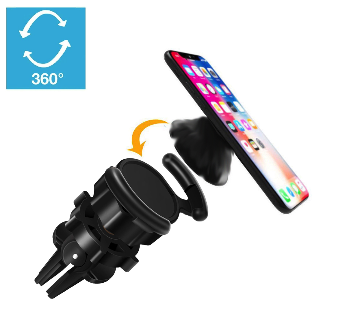Black universal air vent phone mount compatible with PopSocket, featuring 360° rotation for optimal viewing angles.