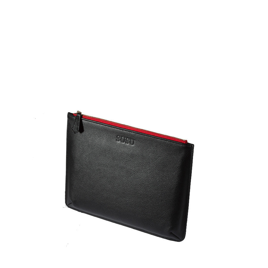 Elegant Black Leather iPad Clutch Case - Genuine Pebbled Leather