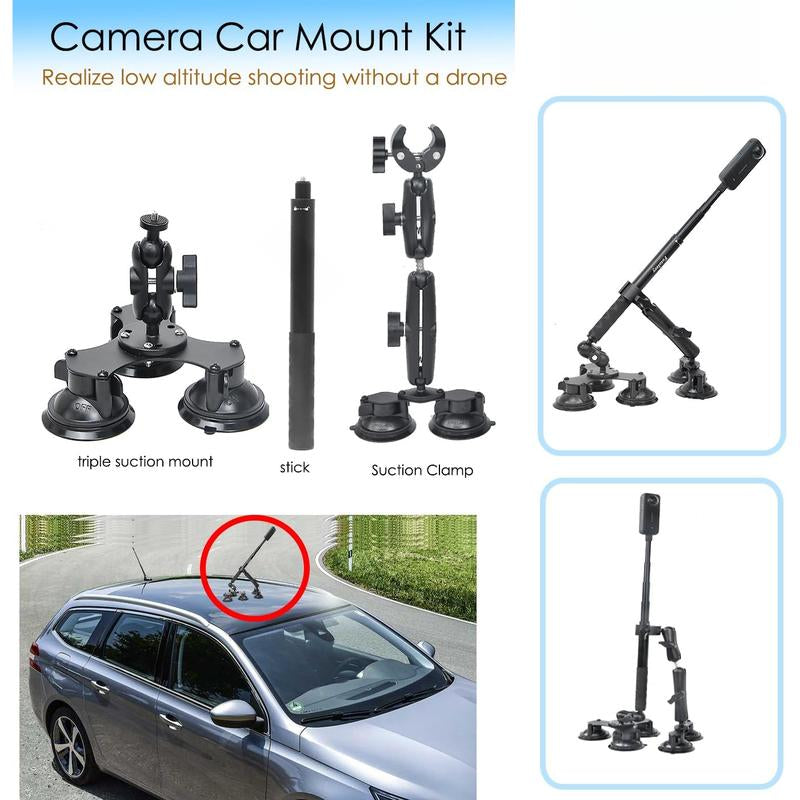 360 Camera Suction Cup Mount Kit for Insta360 X4/X3/Ace Pro/Go 3 & Max/Hero 12/11 - Triple / 5 Suction Cups with Super Clamp & Selfie Stick for High-Speed Video