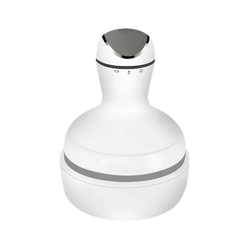 Electric waterproof scalp massager in white, featuring 21 nodes and 4 speed settings, rechargeable and cordless.