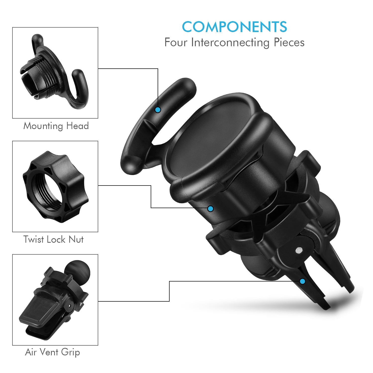 Universal black air vent phone mount with 360° rotation, compatible with PopSocket, featuring adjustable grip.