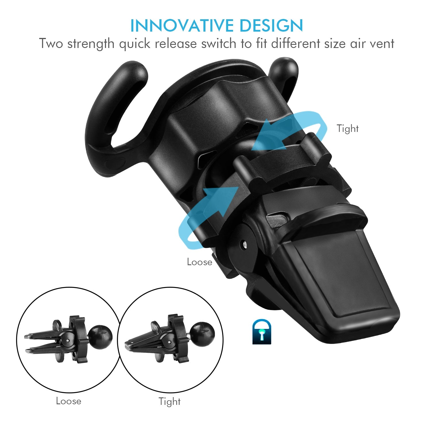 Black universal air vent phone mount with 360° rotation, adjustable for different vent sizes, by FAST TRACK USA.