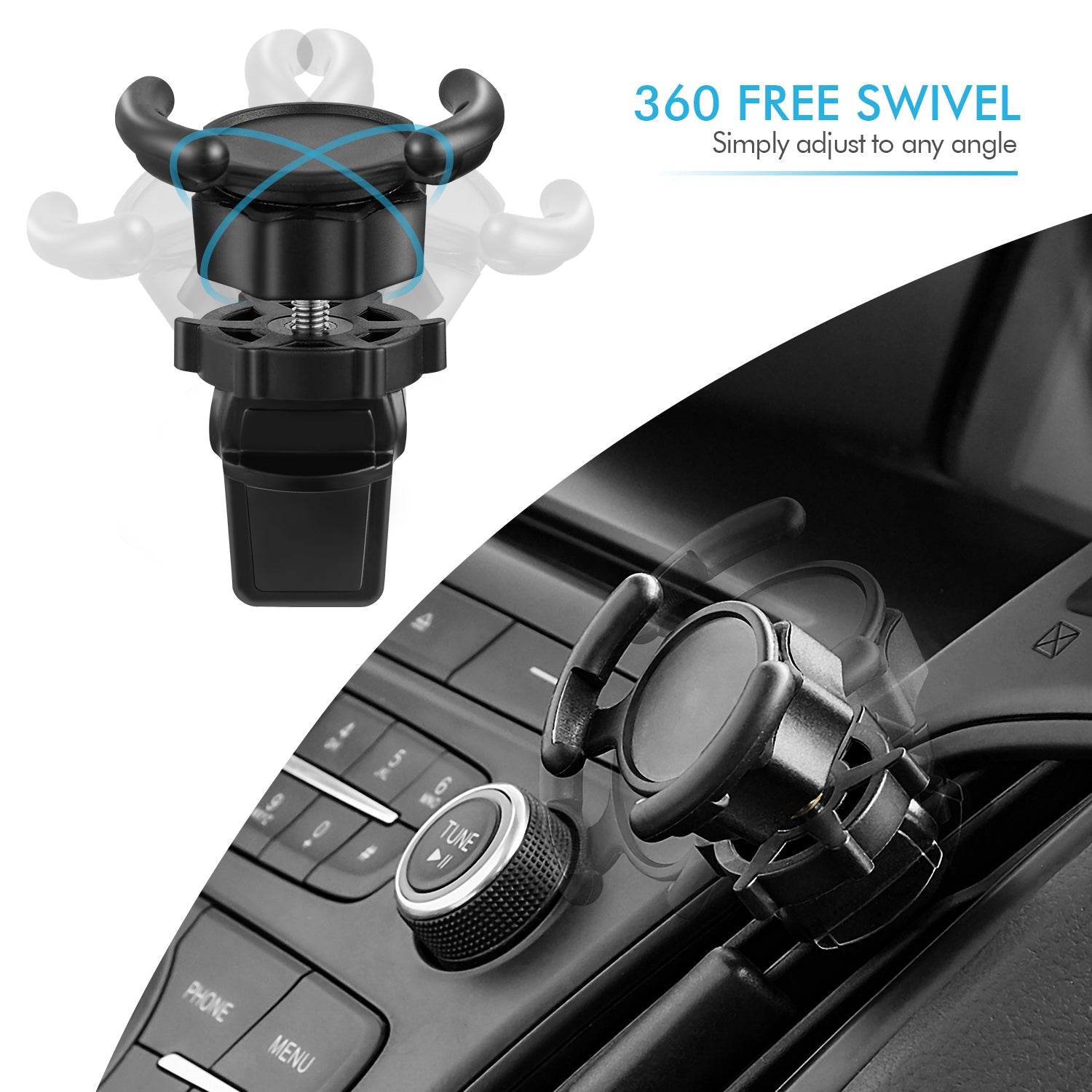 Universal air vent phone mount with 360° rotation, compatible with PopSocket, designed for car use.