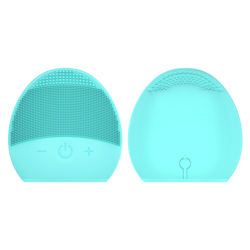 Aqua blue rechargeable facial cleansing brush with silicone bristles and control buttons. Brand: eterus.