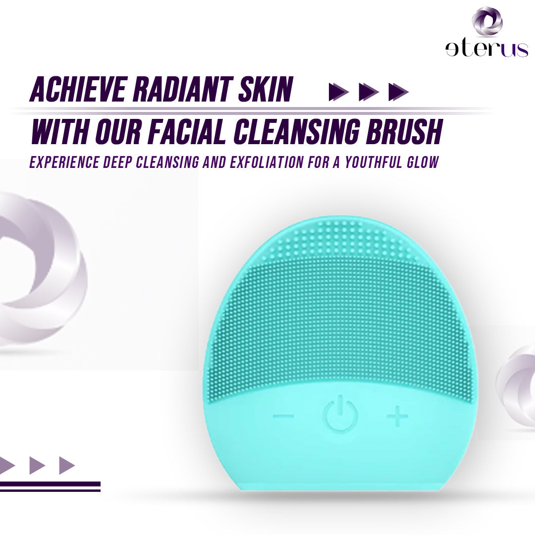 Turquoise waterproof silicone facial cleansing brush, rechargeable, dual-sided for deep pore cleansing by eterus.