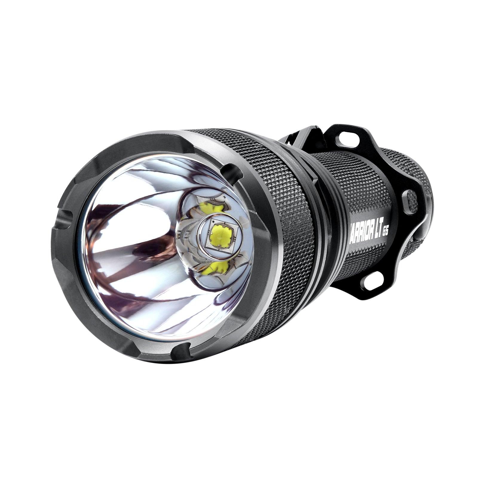 Powertac Warrior LT Gen 5 tactical flashlight in black, 3050 lumens, aluminum body, designed for long throw performance.