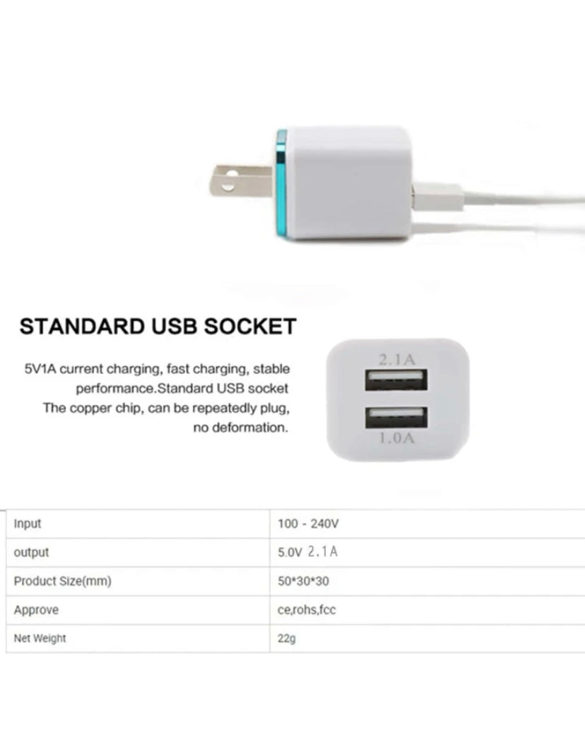 Dual Port USB Wall Charger - Fast Charging Block Cube 3A Output