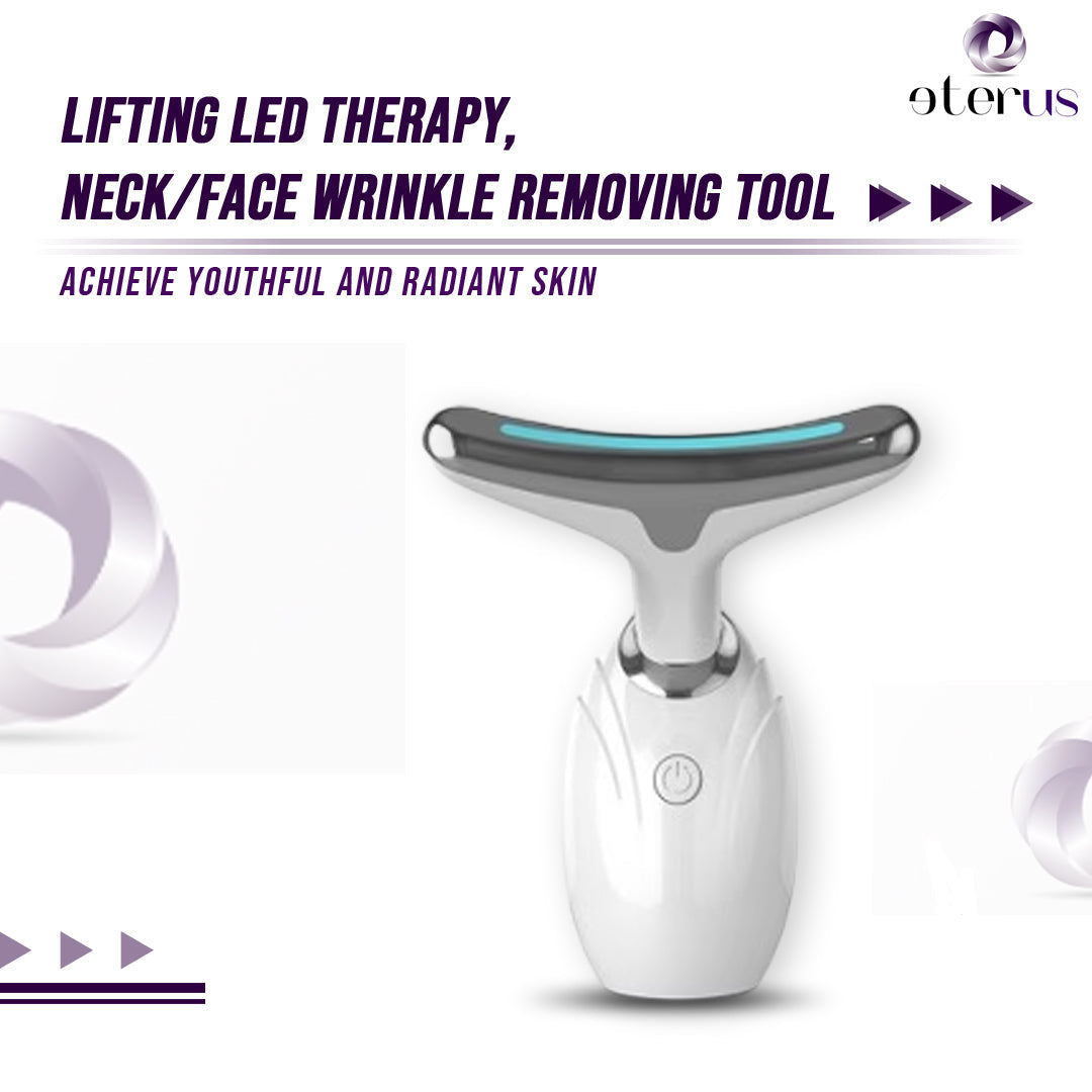 LED face and neck lifting device in chrome alloy with blue light therapy for anti-aging, by eterus.