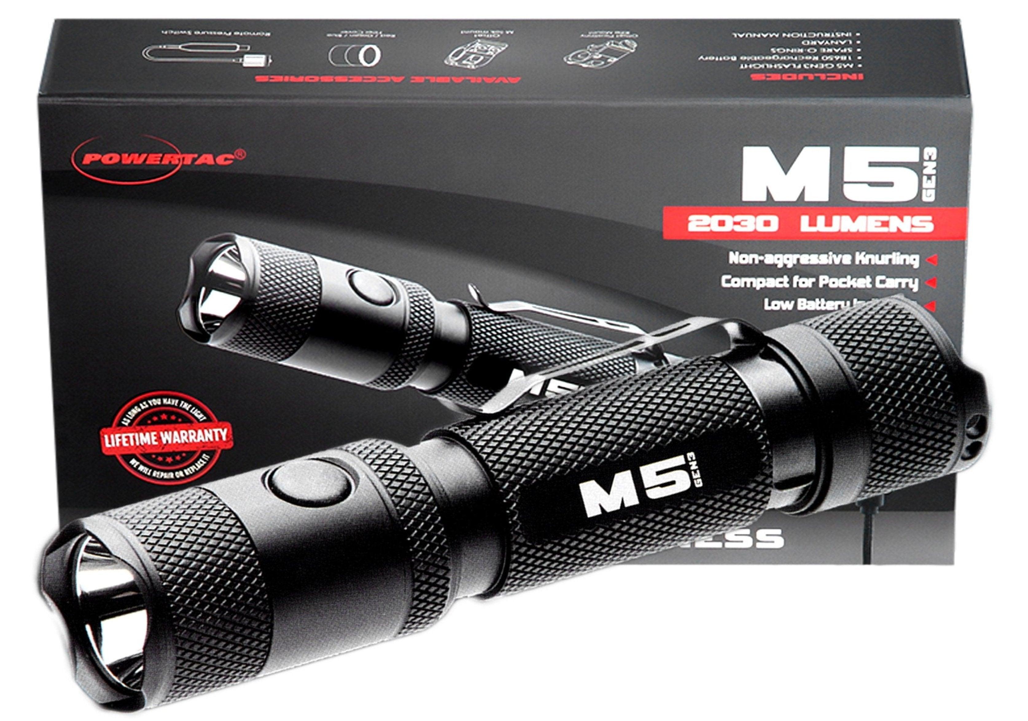 Powertac M5 Gen3 tactical flashlight with 2030 lumens, aircraft-grade aluminum, and compact design for EDC.