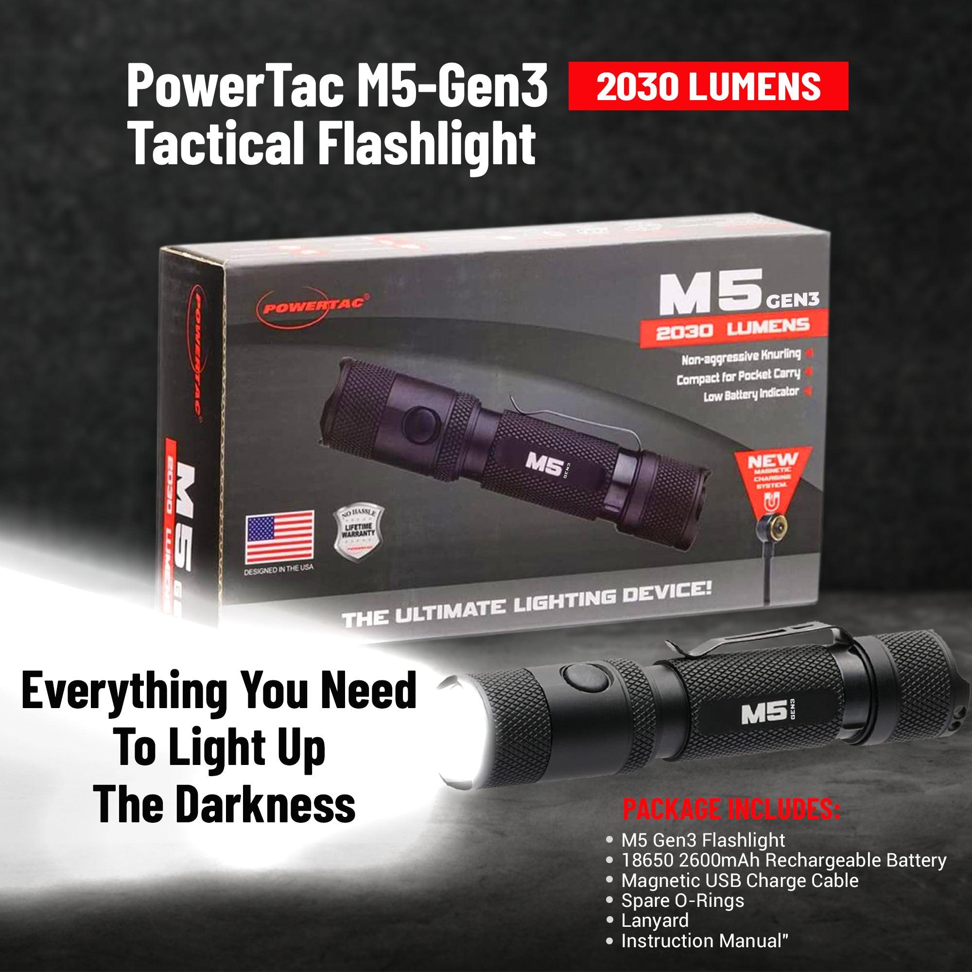 Powertac M5 Gen3 tactical flashlight with 2030 lumens output and rechargeable 18650 battery, made of aircraft-grade aluminum