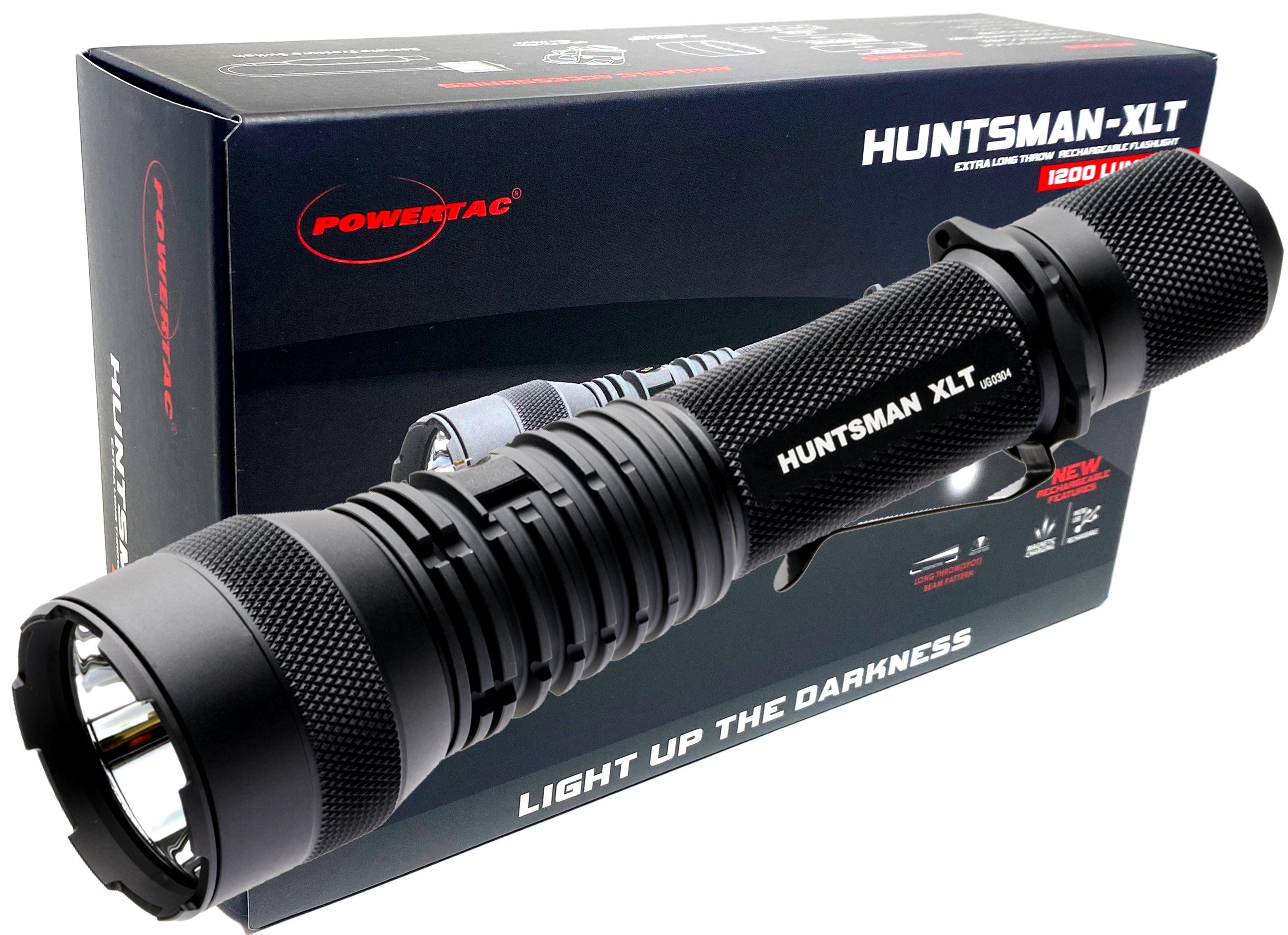 Powertac Huntsman XLT tactical flashlight, 1200 lumens, rechargeable, black aluminum body.