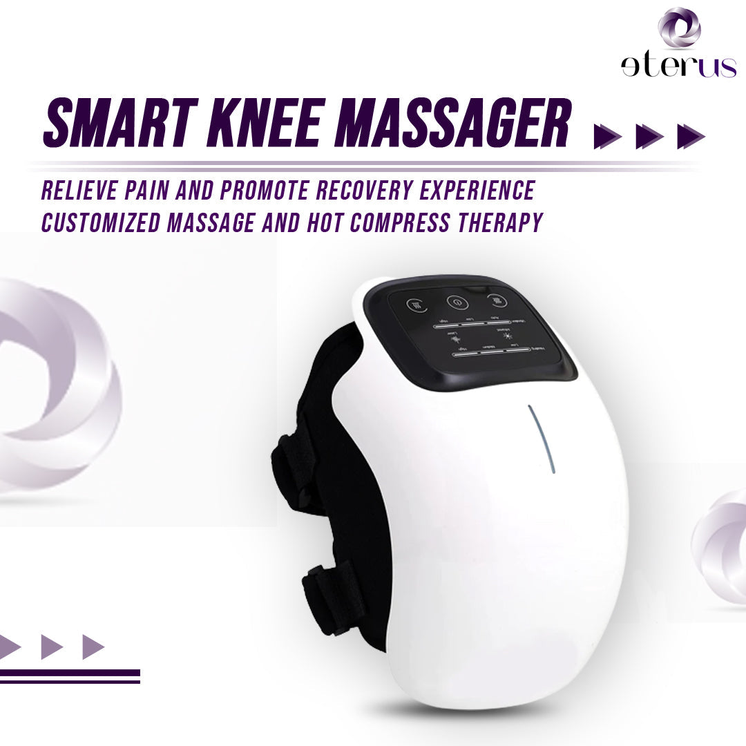 Smart knee massager by eterus with customizable settings and heat therapy for pain relief and recovery.