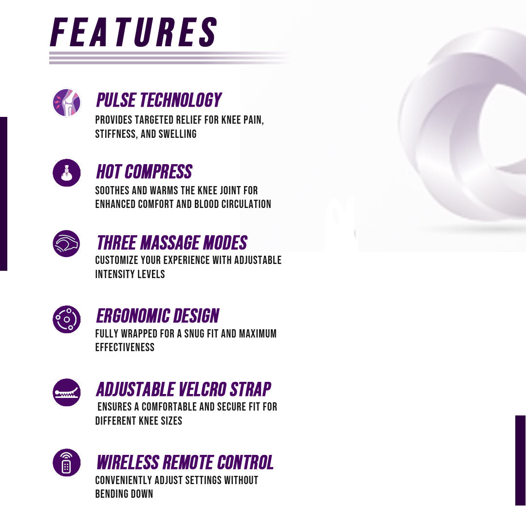 Smart knee massager by eterus with pulse technology, hot compress, three massage modes, adjustable strap, and ergonomic desi