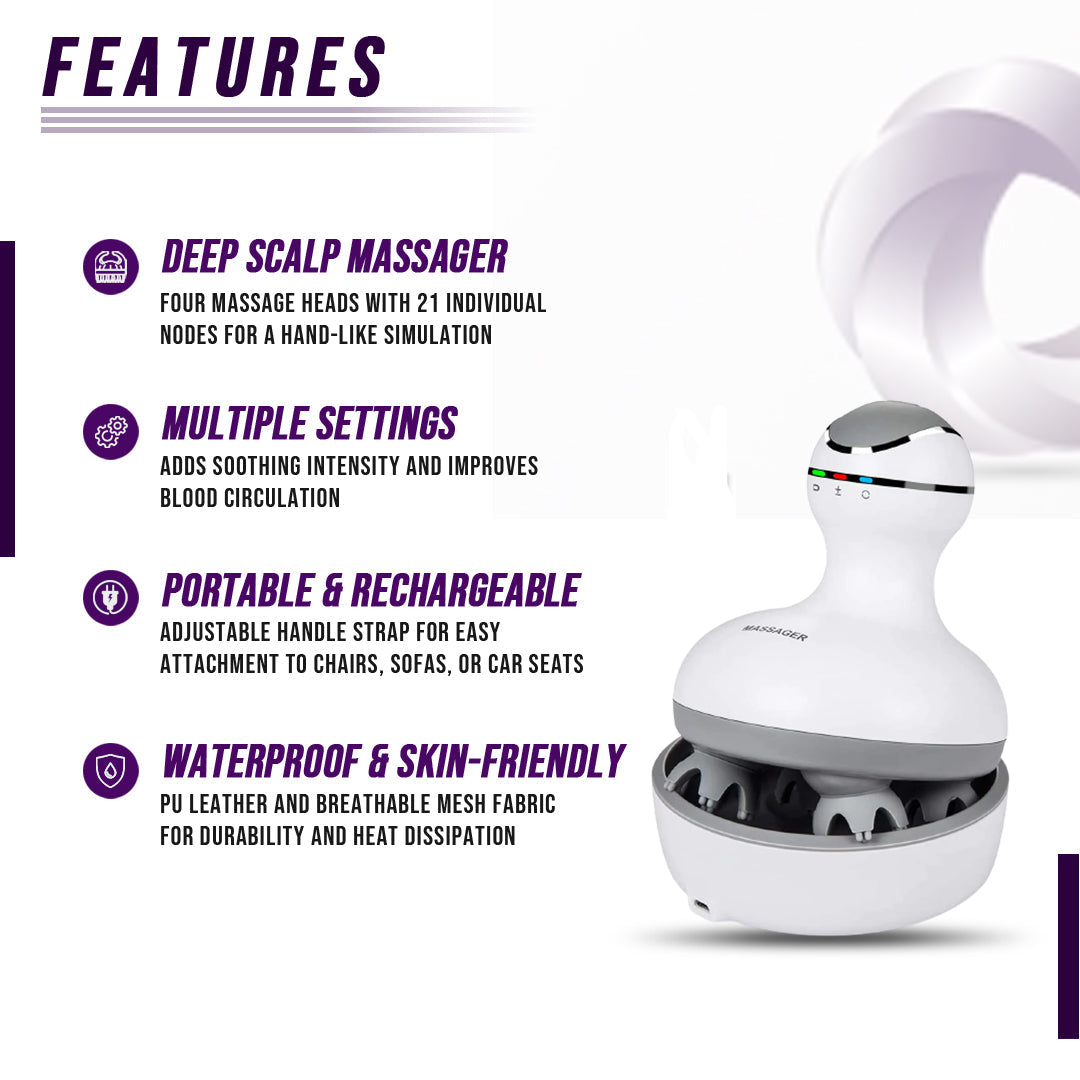 White electric waterproof scalp massager with 21 nodes, 4 speed settings, rechargeable and portable design.