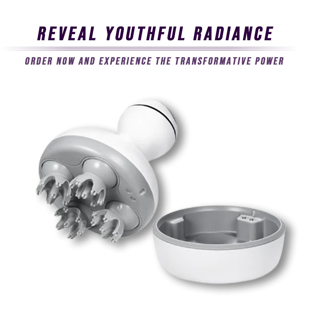 Electric waterproof scalp massager by eterus, featuring 21 nodes, rechargeable design, and ergonomic white body.