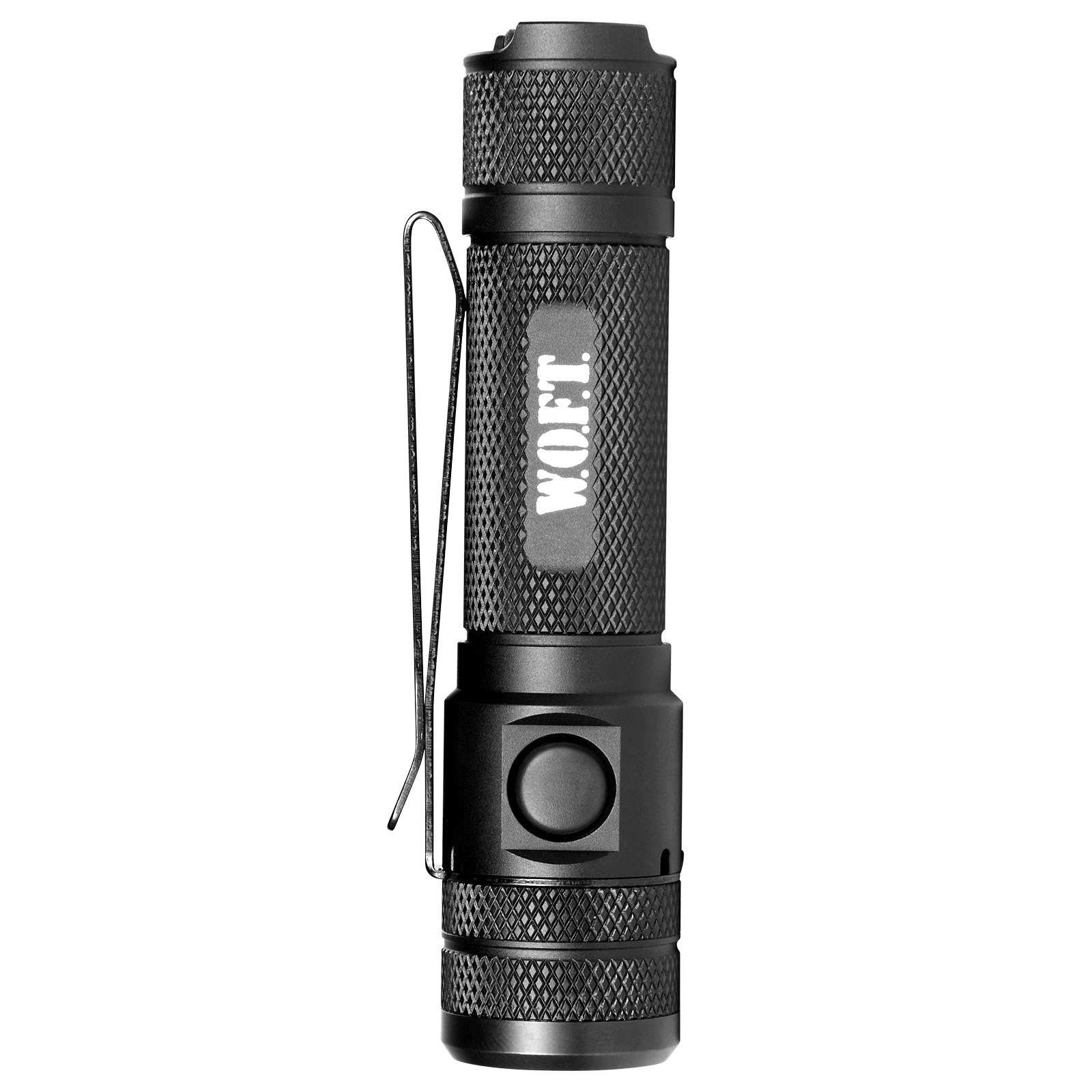WOFT 1200 Lumen tactical flashlight with rechargeable battery, black aircraft aluminum body, and pocket clip.