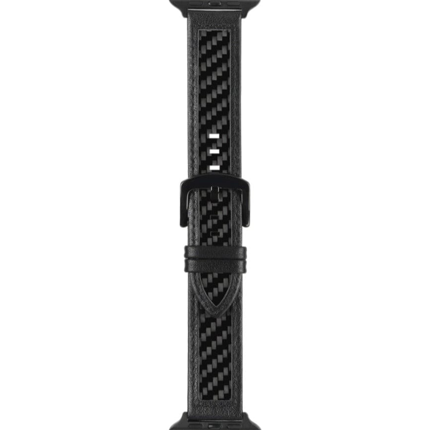 Black carbon fiber strap with black leather accents for Apple Watch Series 4/5/6/7 (44mm/45mm/Ultra 1&2) by Simply Carbon Fi