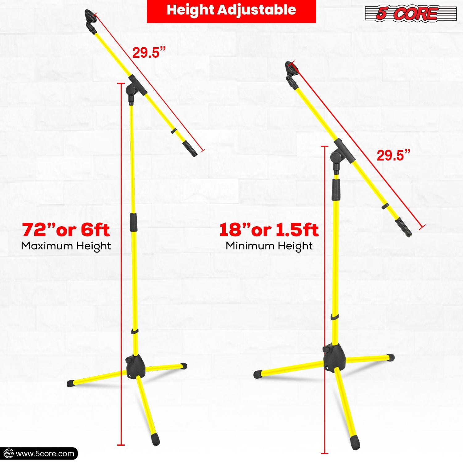 Adjustable 5 Core tripod boom mic stand in yellow, height range 18-72 inches, durable metal construction.