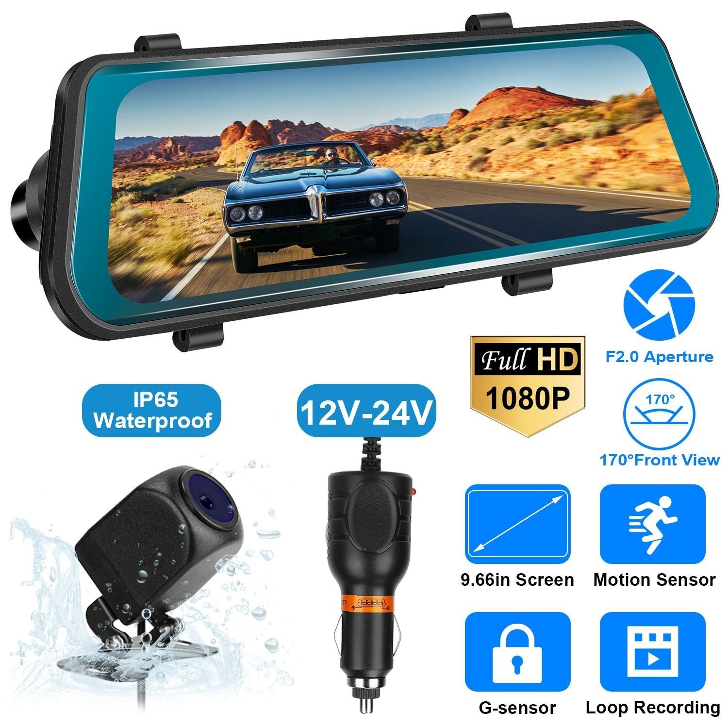 FHD 1080P CAR DVR DASH KAMERA 9.66in Perekam Mengemudi Kendaraan W/ G Sensor Parkir Pemantauan Rekaman Seamless