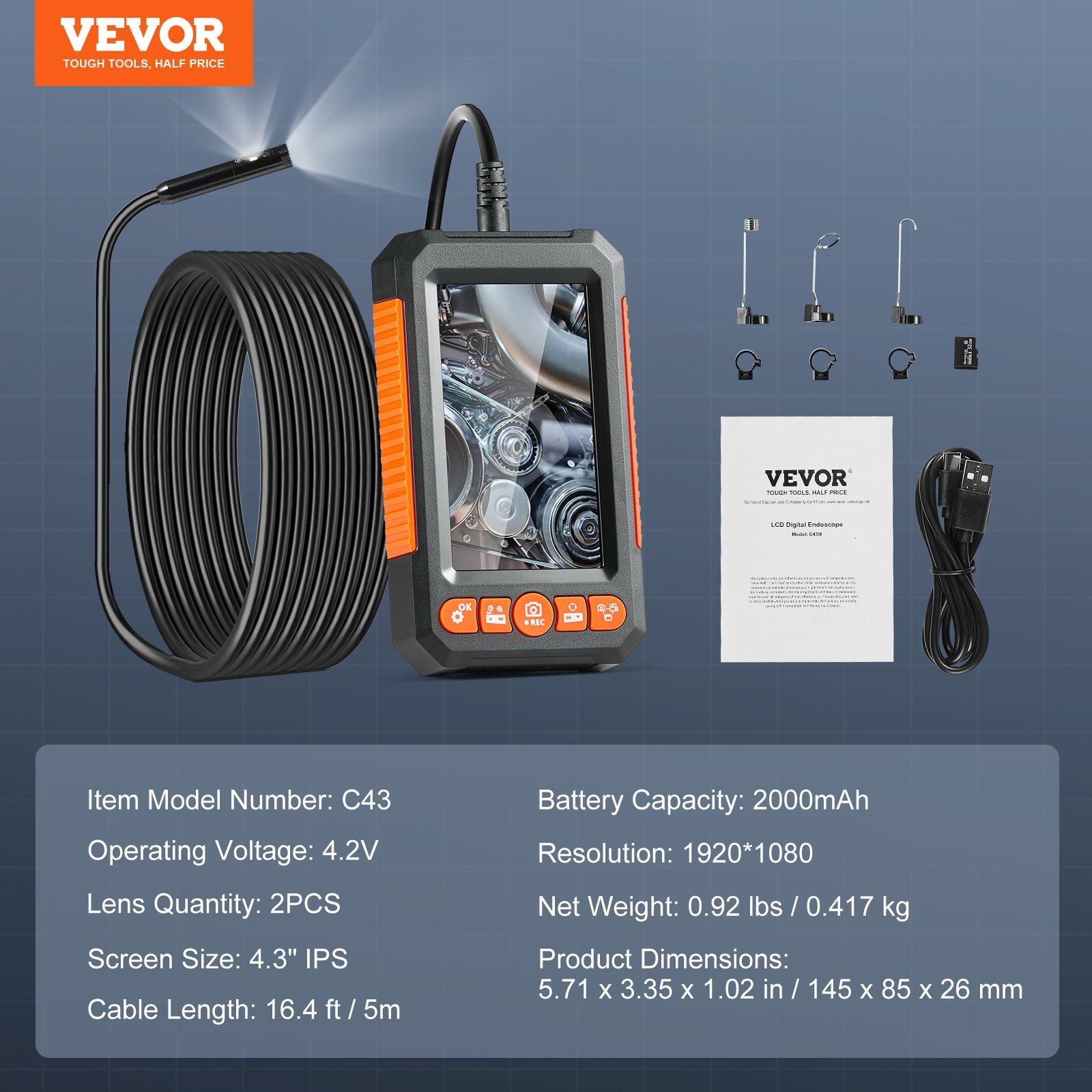 Kamera Endoskop Vevor dengan Lampu Lensa Ganda Lensa Borescope 16.4ft Kabel 4.3 "Layar