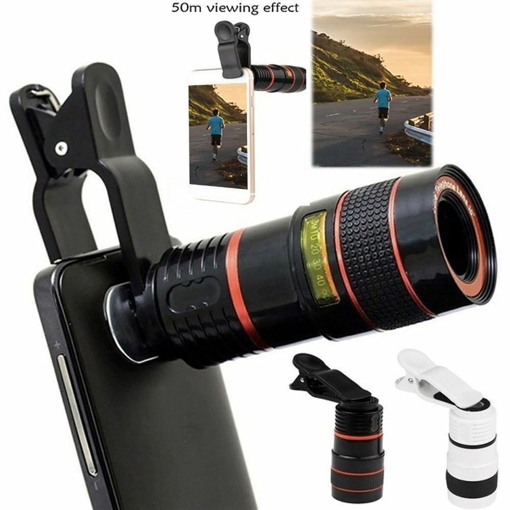8X zoom black telescope camera lens clip-on for smartphones by Doba, versatile attachment for enhanced photography.