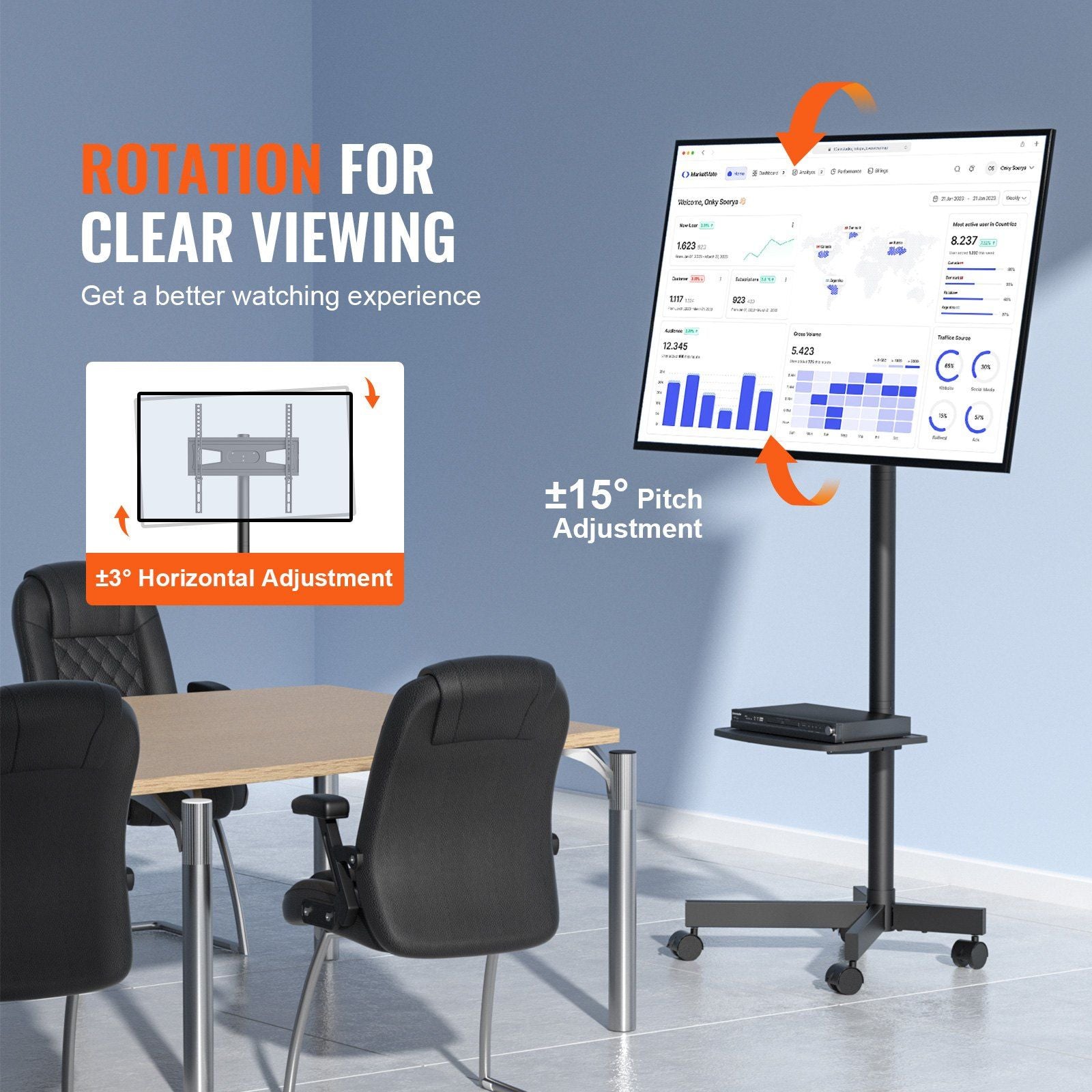 VEVOR mobile TV stand for 23-60 inch TVs, height adjustable, black, with wheels and a tray for devices.