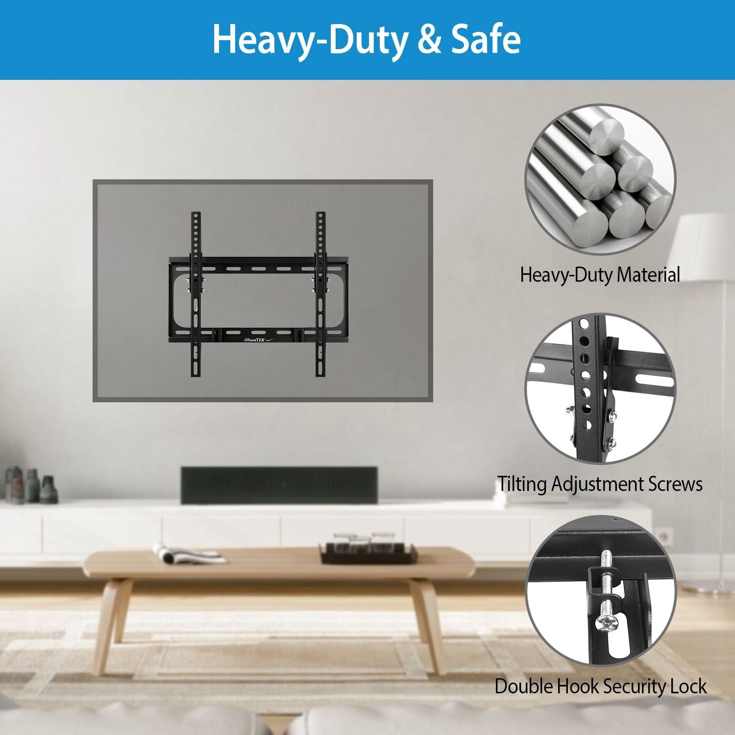 Heavy duty black steel TV wall mount bracket for 32-55" TVs, VESA 400x400, with 10-degree tilt feature.