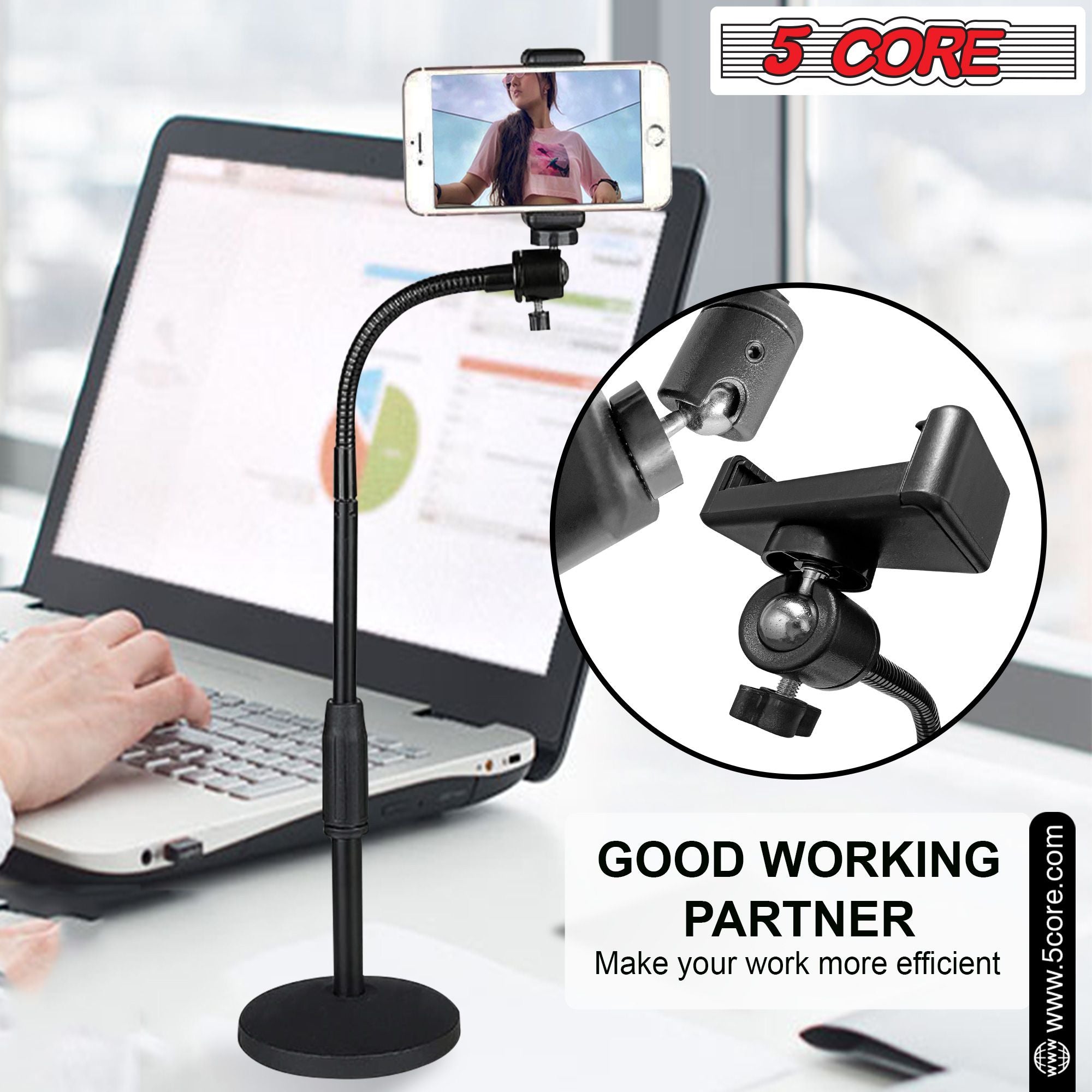 5 Core Gooseneck Điện thoại giữ giá cho bàn bàn tay linh hoạt với đế tròn chống trượt, điện thoại di động gắn kẹp tương thích với tất cả các điện thoại thông minh RBS mob