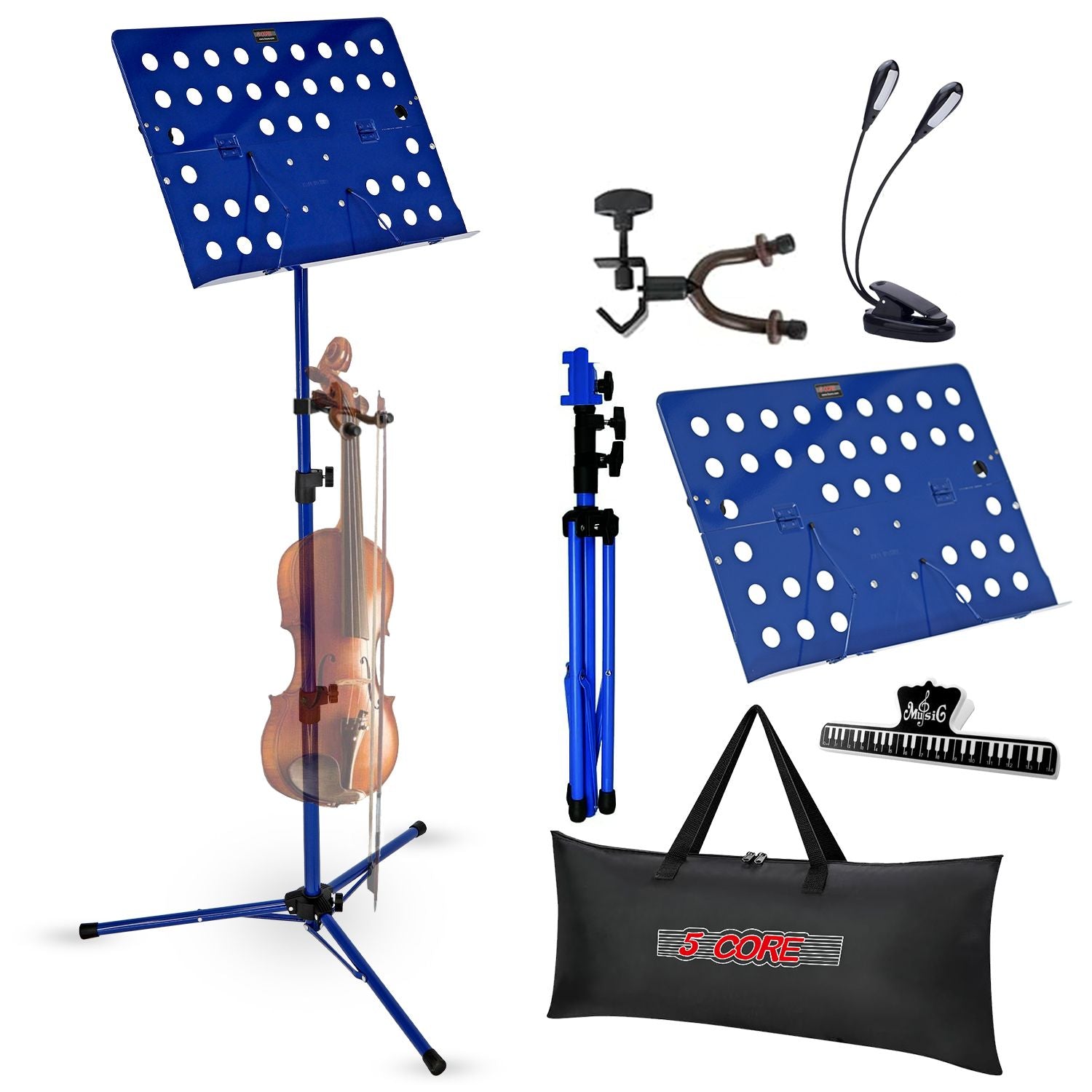 Adjustable blue iron music stand with folding design, includes accessories like clamp and music lights, by 5 Core.