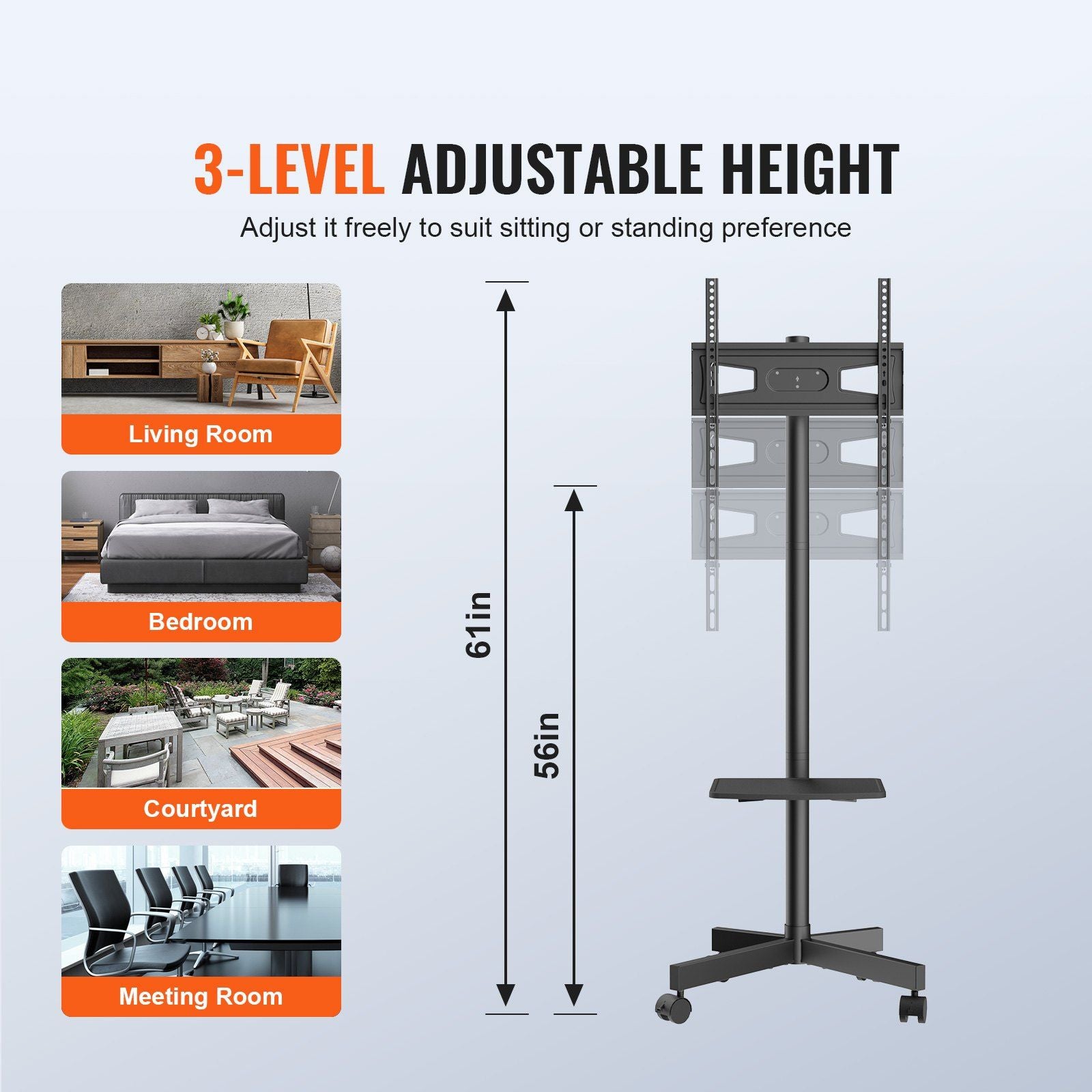 Black mobile TV stand with wheels, adjustable height, for 23-60 inch TVs, includes tray for audio-visual devices.