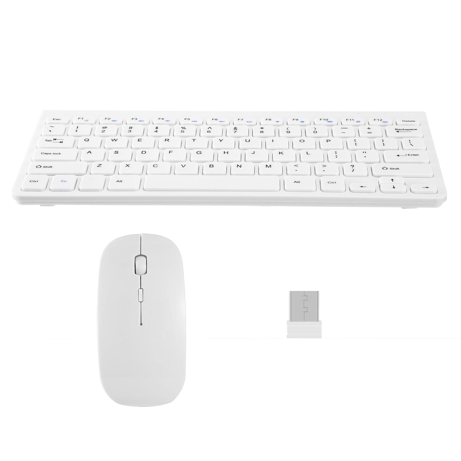 Wireless white mini keyboard and mouse combo with USB receiver, suitable for home office use.