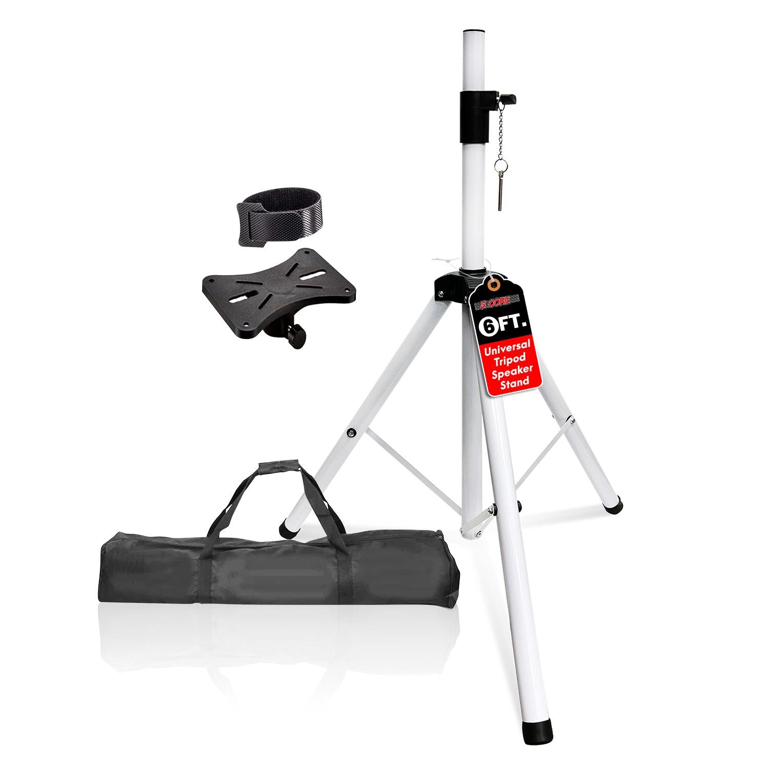 Heavy-duty white steel speaker stand tripod, adjustable 40-72", with carrying bag and mounting hardware.