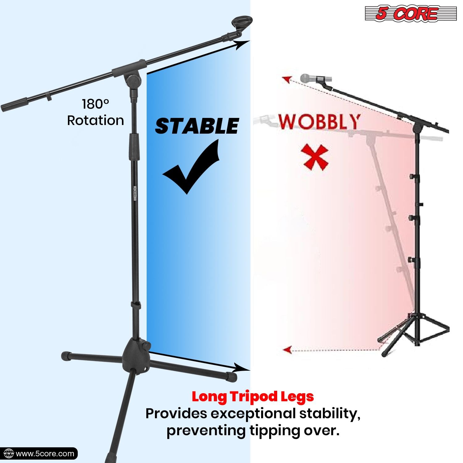 Black adjustable microphone stand with boom arm, 18-72", and long tripod legs for stability, by 5 Core.
