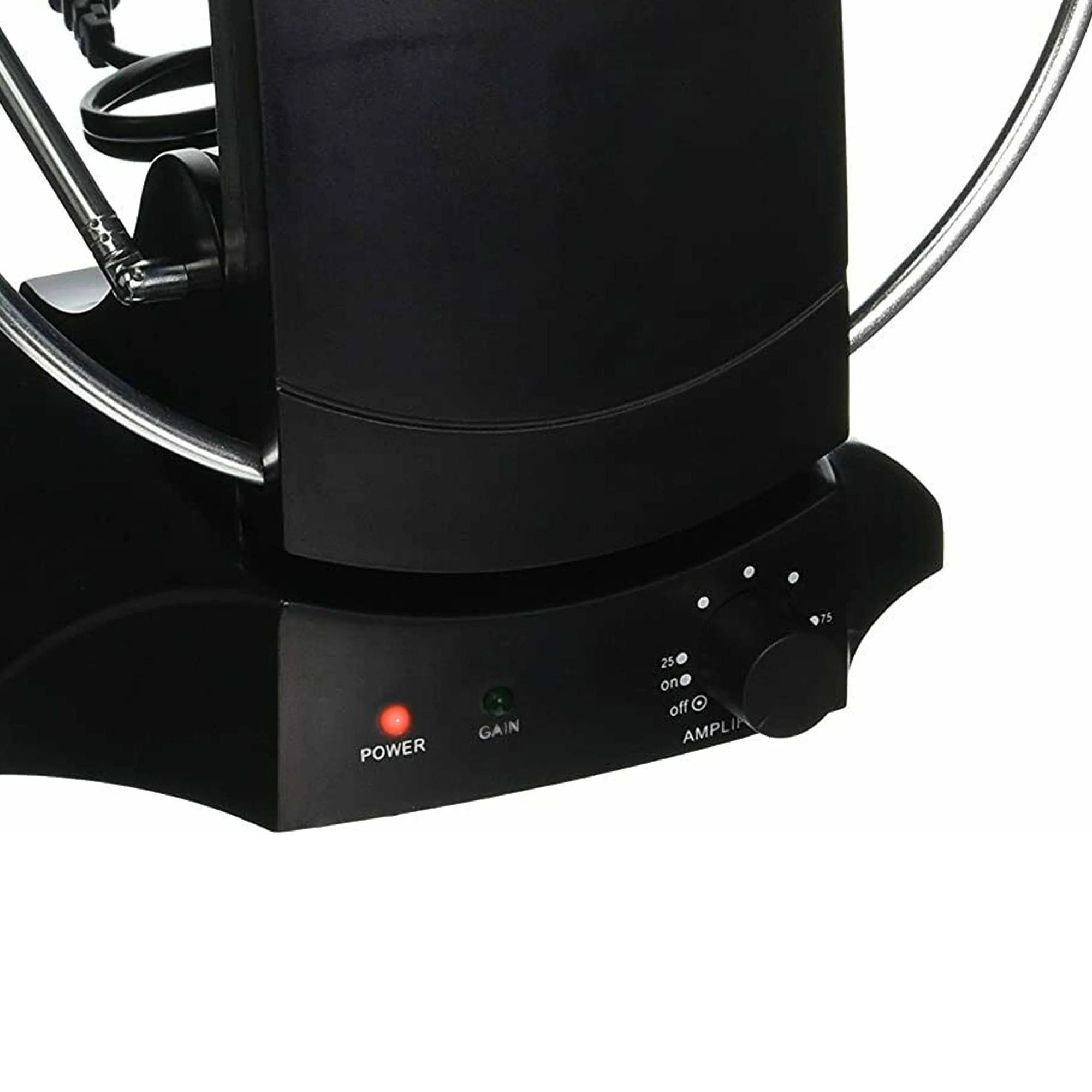 Doba Supersonic 40-mile amplified indoor HDTV antenna in black with power and gain controls.