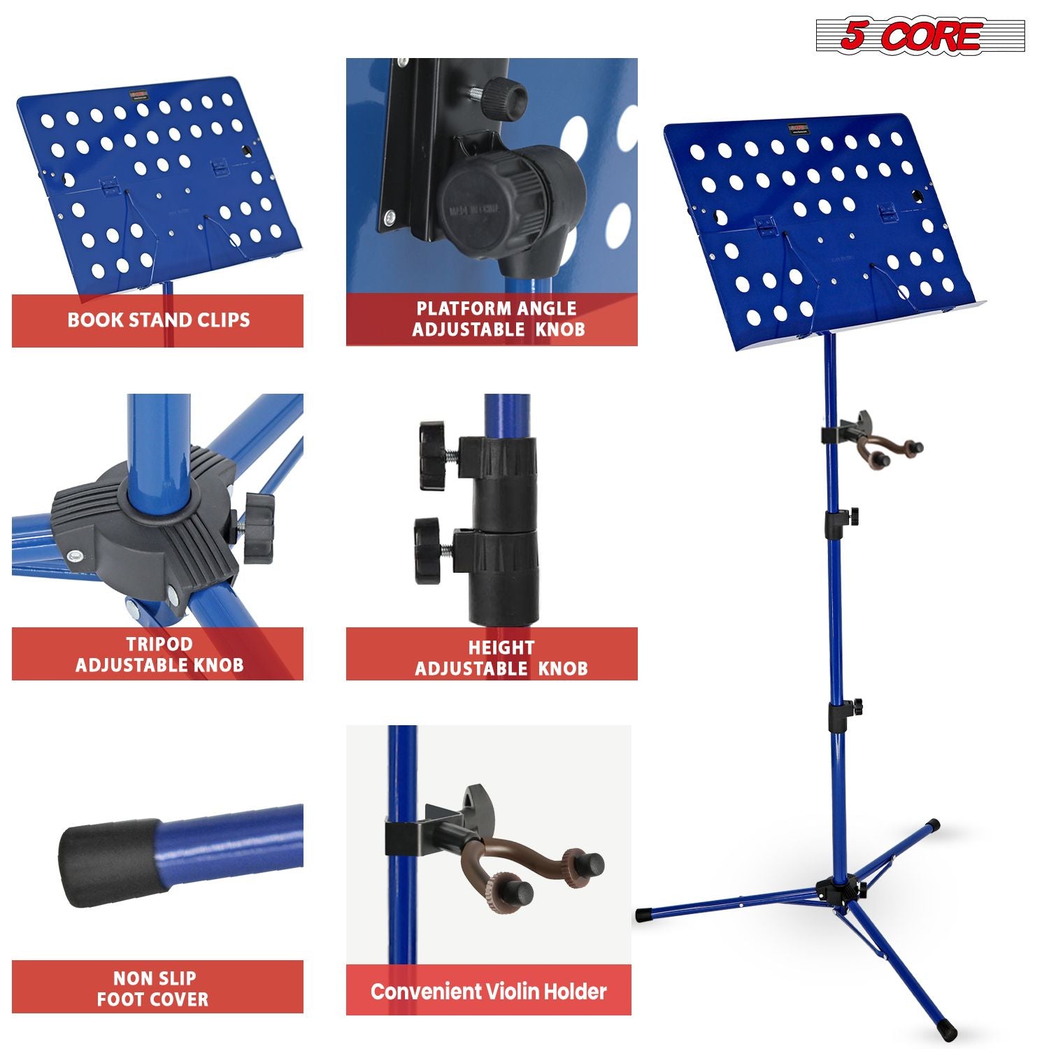 5 Core Music Stand for Tep Music Chiều cao có thể điều chỉnh di động gấp di động Atril partituras W Light Clip cho người chơi guitar nghệ sĩ chơi đàn violin;