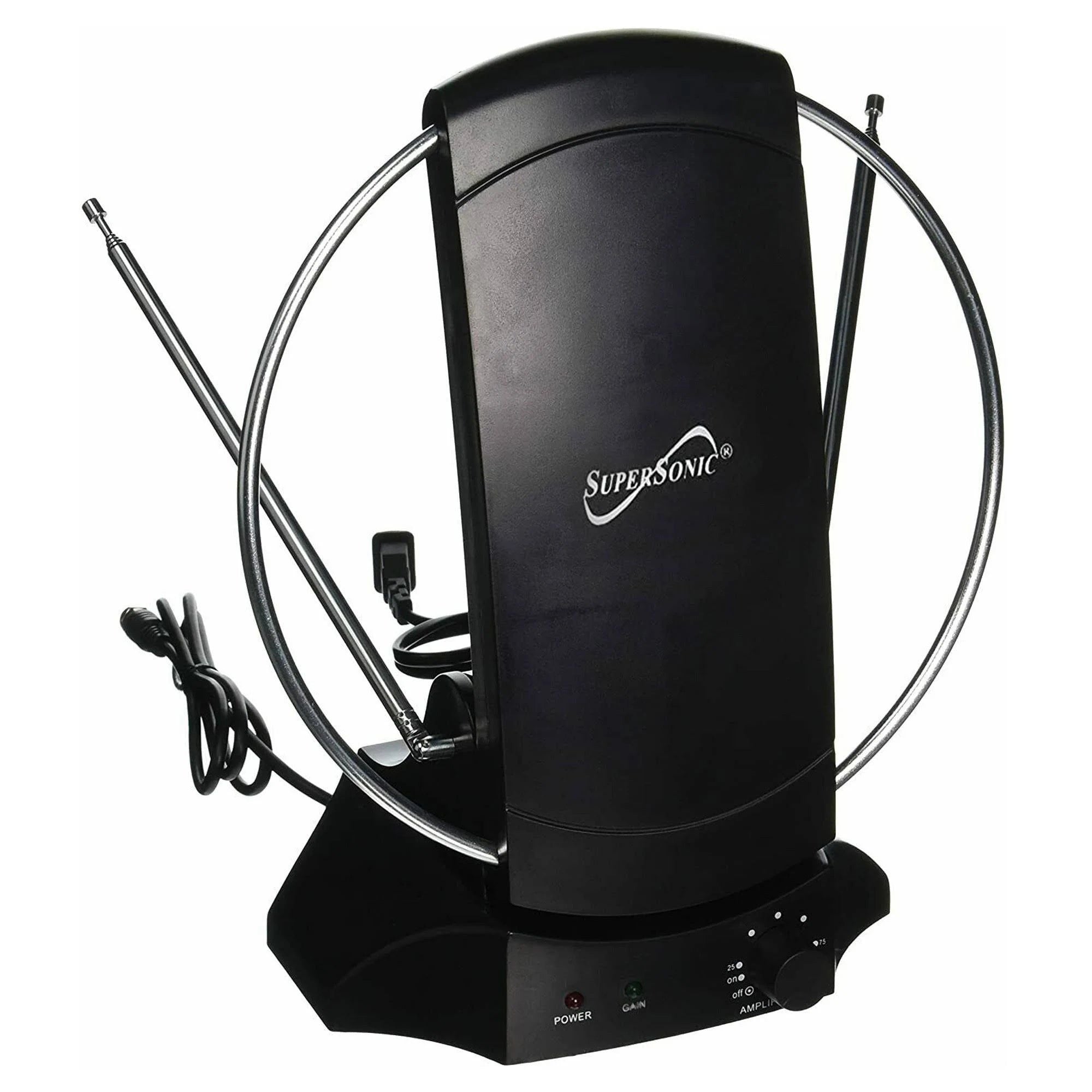 Black Supersonic 40-mile HDTV digital amplified indoor antenna with adjustable elements and coaxial cable.