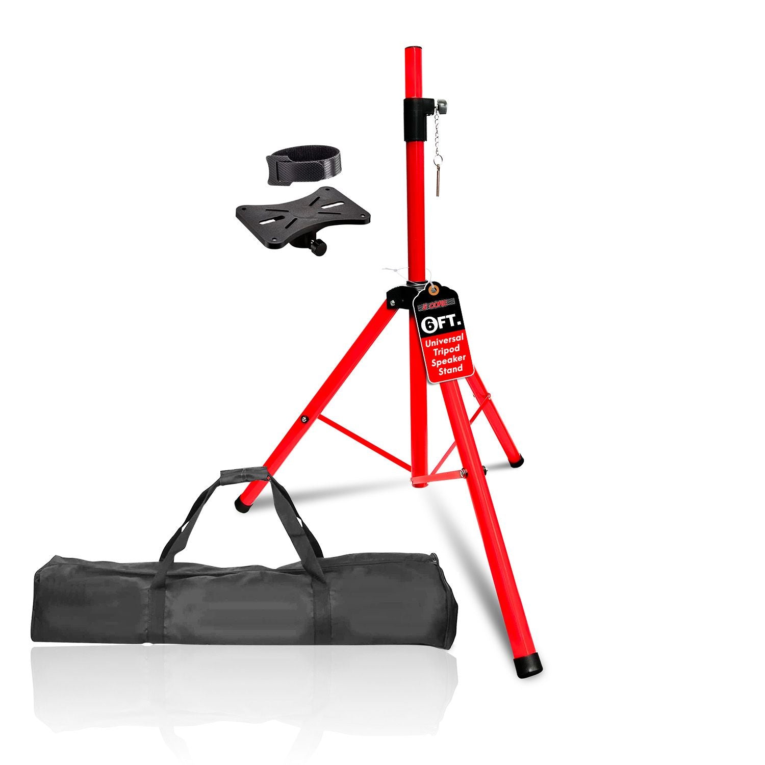 Red heavy-duty steel speaker stand tripod, adjustable height 40-72", 132lb capacity, includes carrying bag, by Doba.