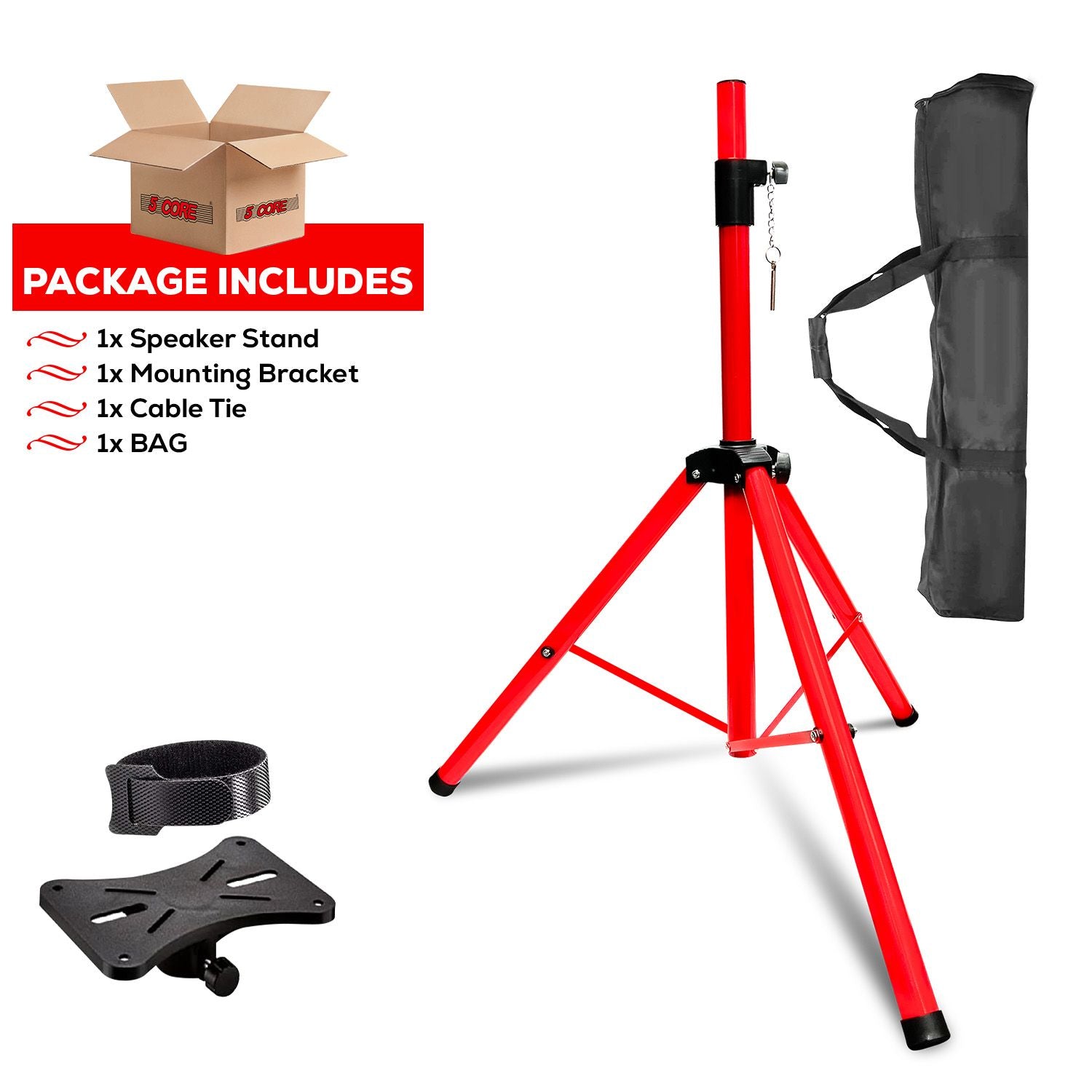 Red heavy-duty steel speaker stand tripod, adjustable 40-72", with 132 lb capacity, includes mount bracket and carrying bag.