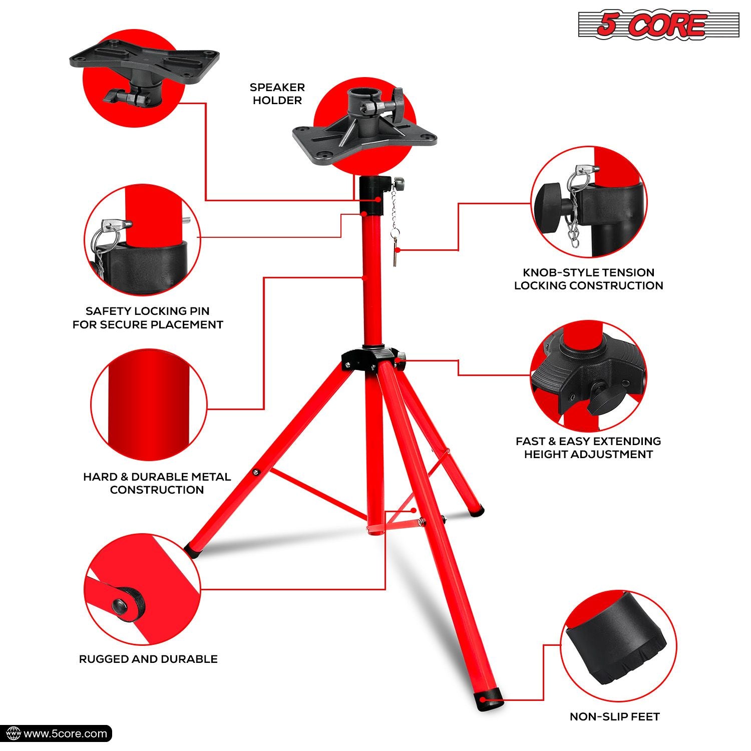 Red heavy-duty steel speaker stand tripod, adjustable height 40-72", supports up to 132 lbs, by 5 Core.