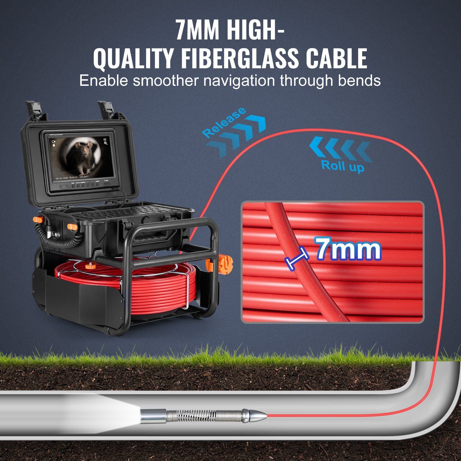 Self-leveling sewer camera with 165 ft fiberglass cable, 9-inch monitor, and 512Hz transmitter, by Doba.