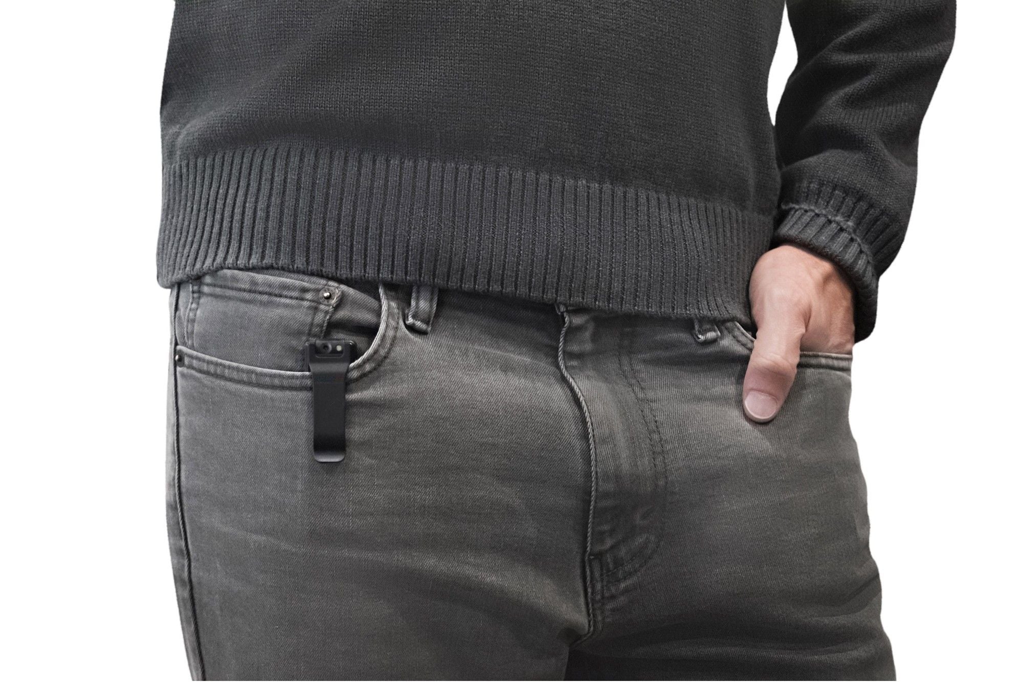 ElectroFlip Mini Body Camera in steel construction, attached to gray jeans, featuring date and time stamp.