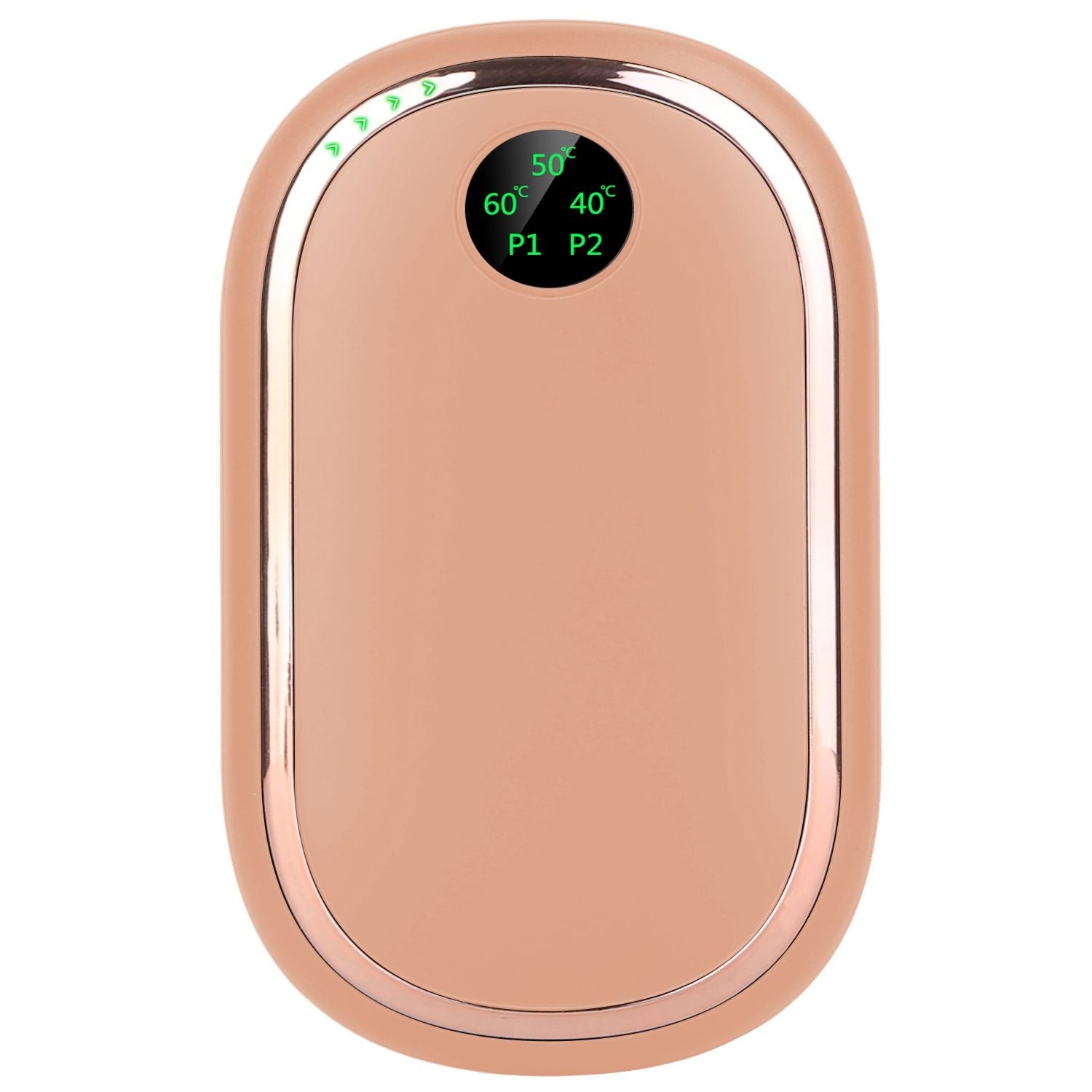 Pink rechargeable hand warmer and power bank with digital display and three heating levels.