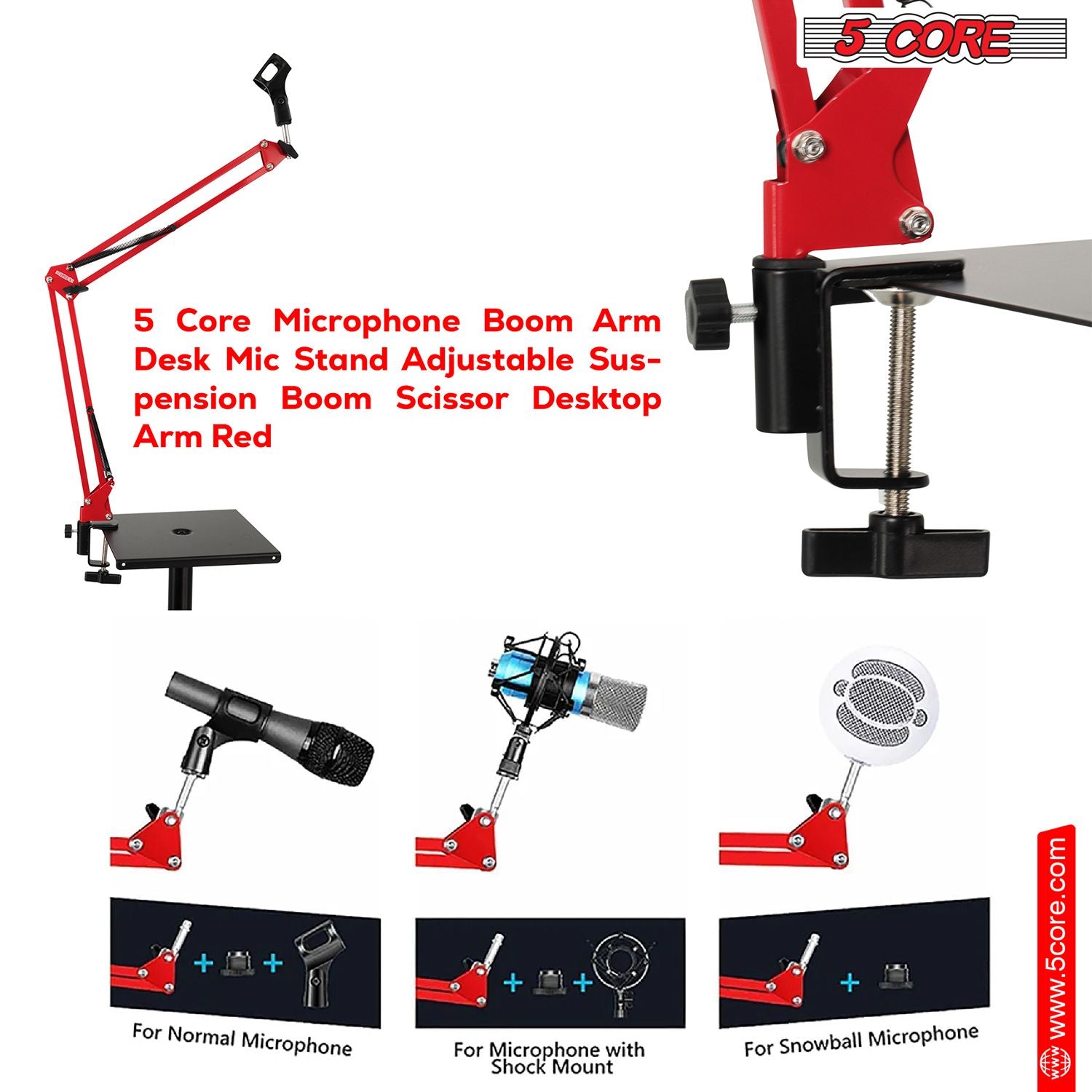 5 Core Heavy Duty Metal Microphone Boom Arm - Red Desk Mount Stand