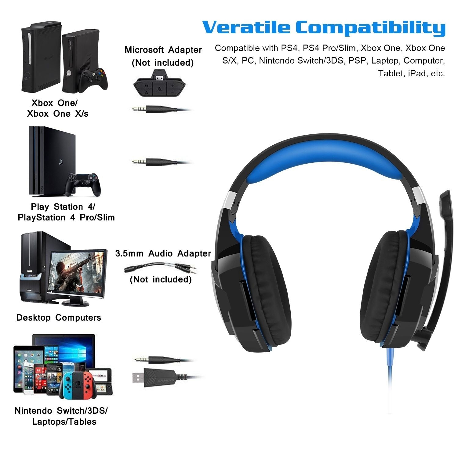 Gaming Headset 50mm Stereo Over Ear - PS4 Xbox Switch PC LED