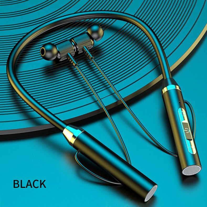 Bluetooth 5.0 black neckband headphones with magnetic design, waterproof features, ideal for sports and exercise.