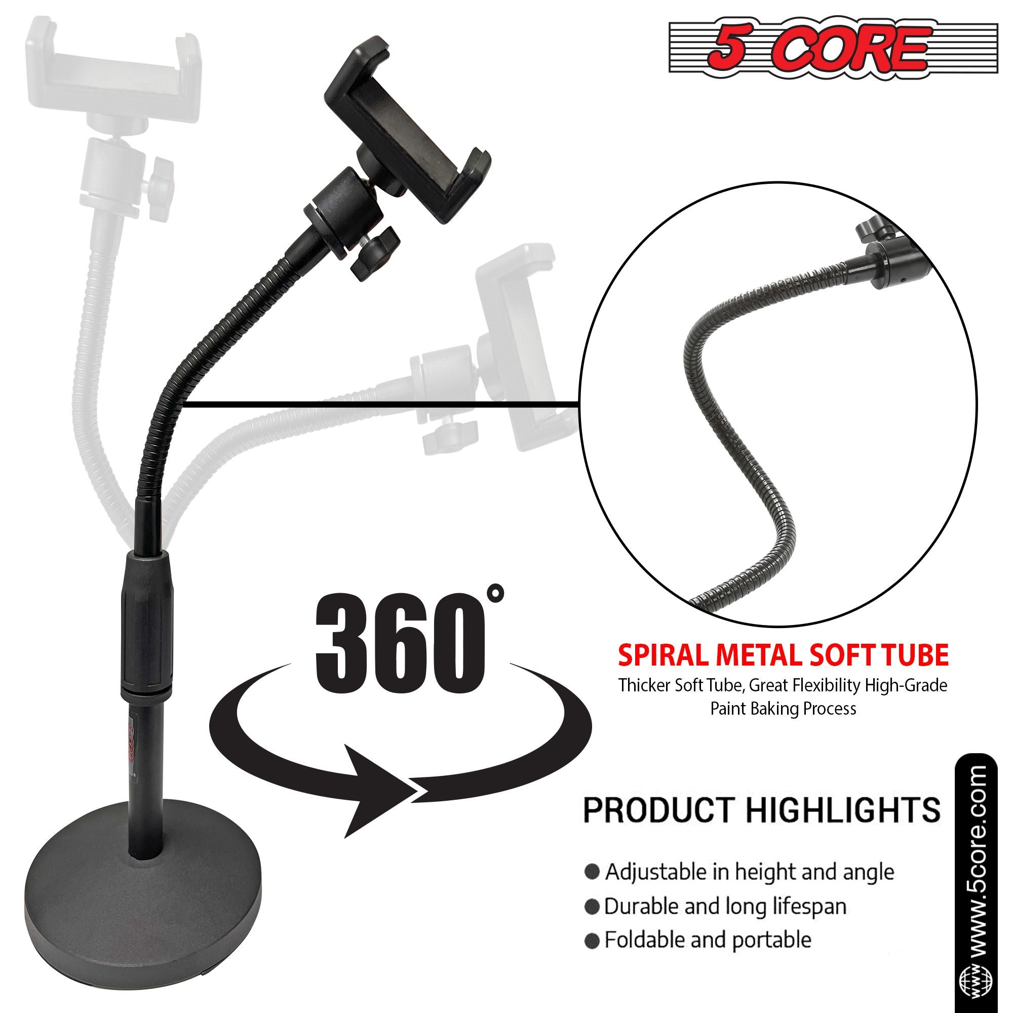 5 Core Gooseneck Điện thoại giữ giá cho bàn bàn tay linh hoạt với đế tròn chống trượt, điện thoại di động gắn kẹp tương thích với tất cả các điện thoại thông minh RBS mob