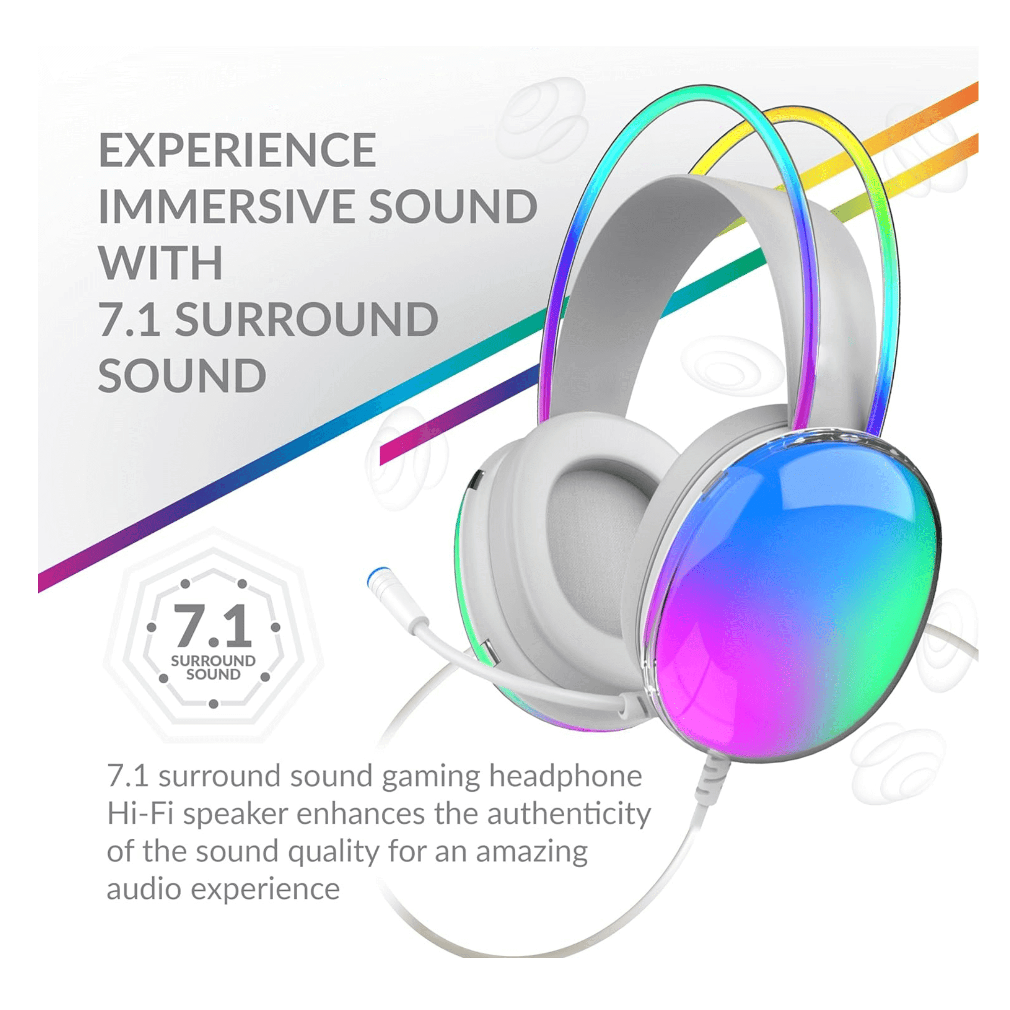 Grey Doba RGB gaming headset with 7.1 surround sound and 50mm drivers for immersive audio experience.